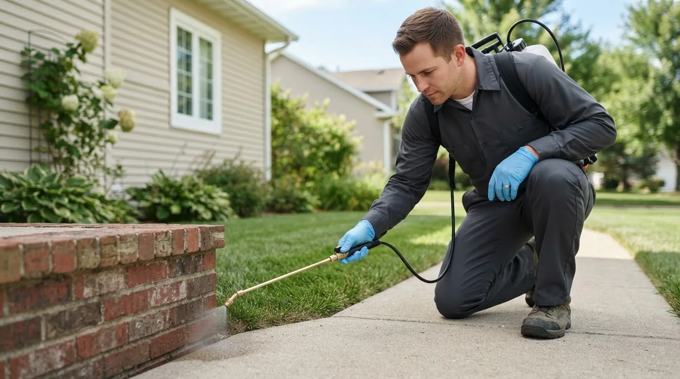 Pest control technician treating a home near Hartville, MO